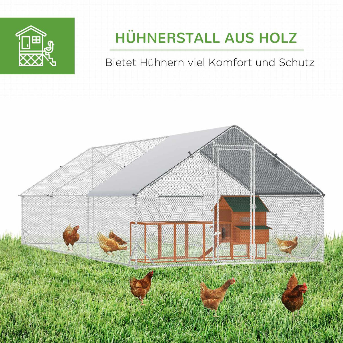 Chicken coop, 3 x 6 x 2 m, free-range enclosure XXL, outdoor poultry coop with shade, roof, for 12-18 chickens, ducks, rabbits, steel