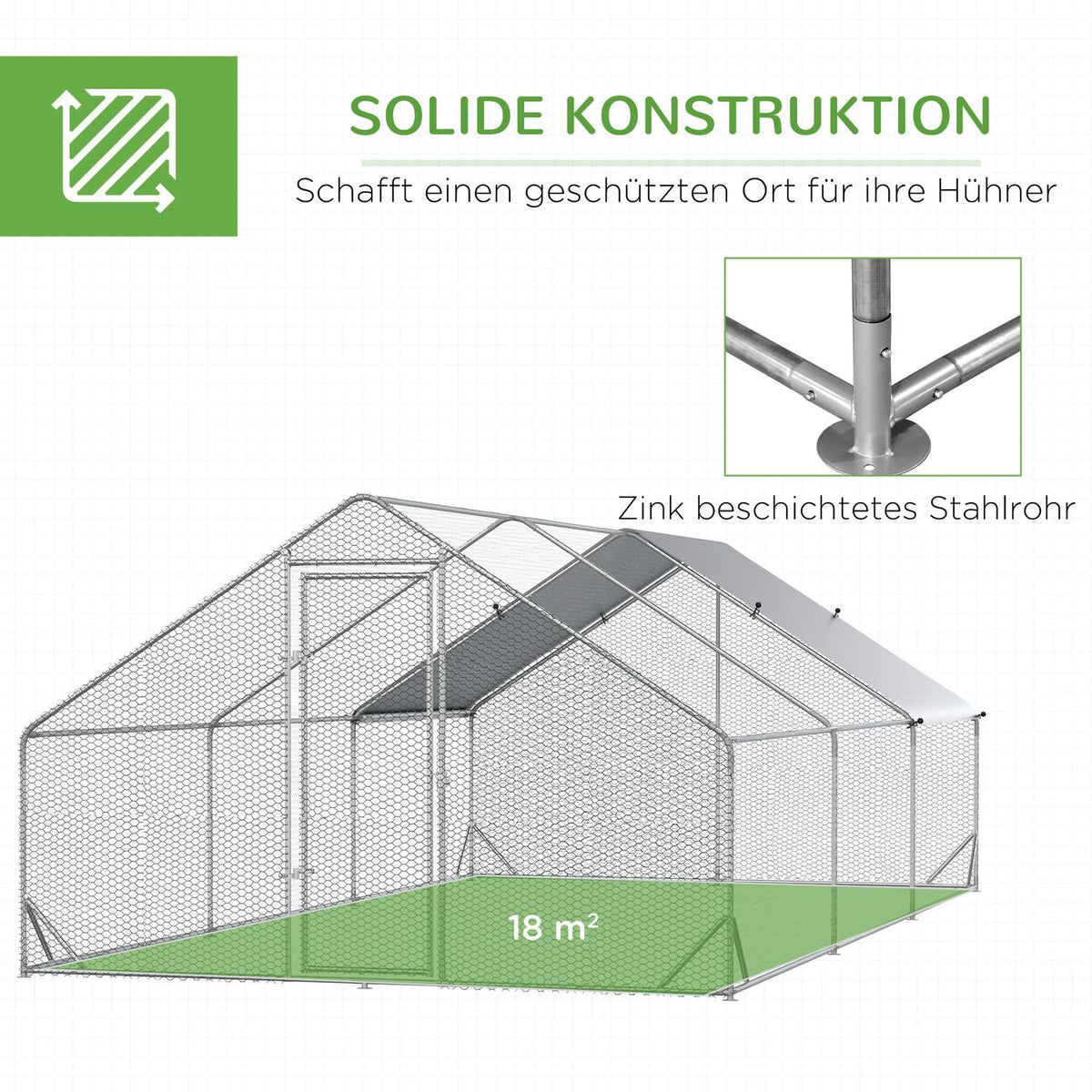Chicken coop, 3 x 6 x 2 m, free-range enclosure XXL, outdoor poultry coop with shade, roof, for 12-18 chickens, ducks, rabbits, steel