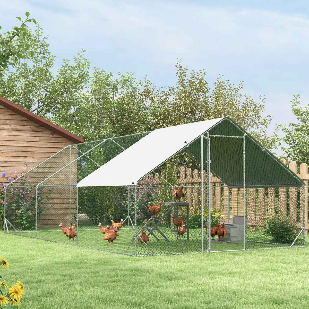 Chicken coop, 3 x 6 x 2 m, free-range enclosure XXL, outdoor poultry coop with shade, roof, for 12-18 chickens, ducks, rabbits, steel