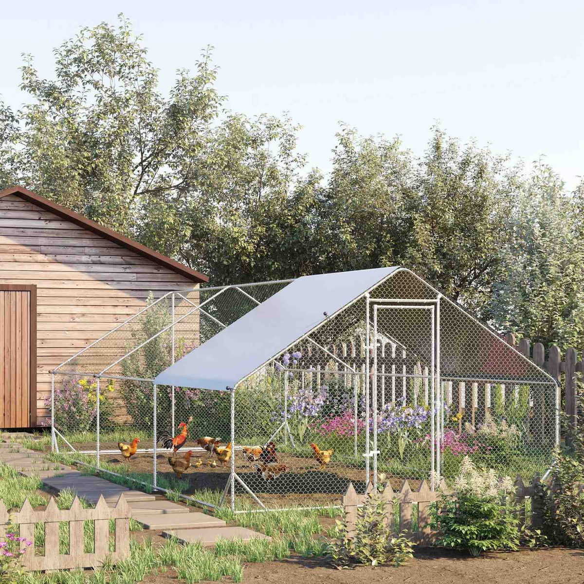 Chicken coop, 3 x 6 x 2 m, free-range enclosure XXL, outdoor poultry coop with shade, roof, for 12-18 chickens, ducks, rabbits, steel