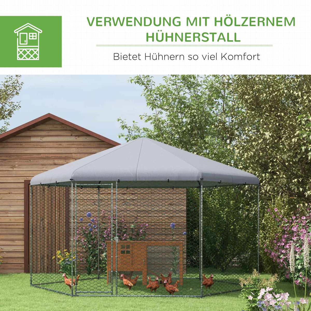 Chicken coop 400 x 346 x 263 cm free-range steel enclosure, chicken cage with cover, door, chicken enclosure for 10-15 chickens, small animals, gray