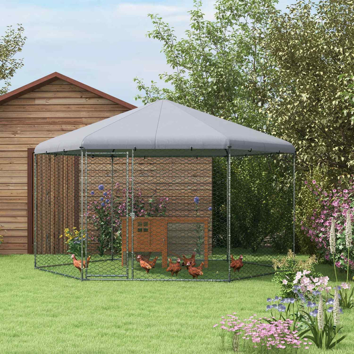 Chicken coop 400 x 346 x 263 cm free-range steel enclosure, chicken cage with cover, door, chicken enclosure for 10-15 chickens, small animals, gray
