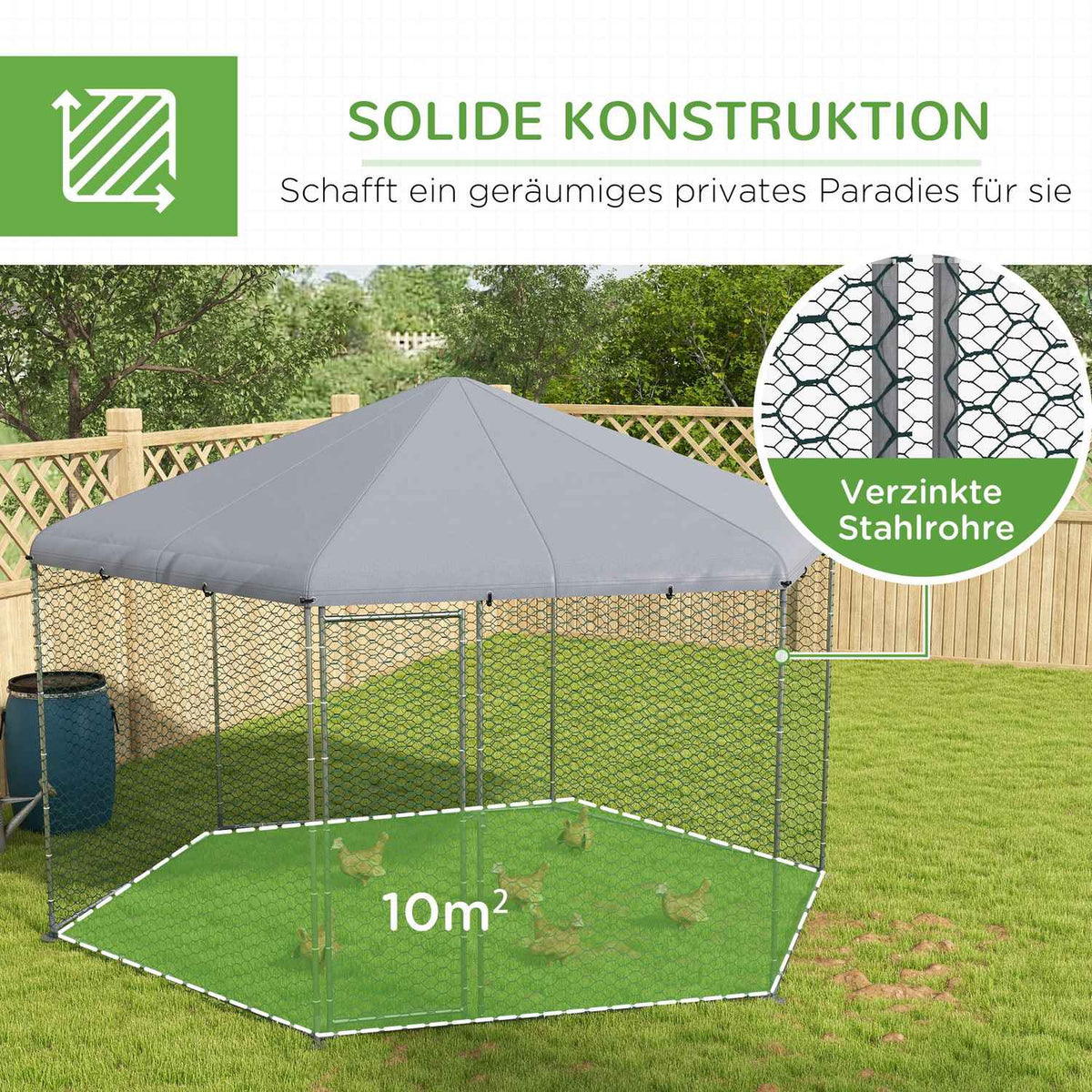 Chicken coop 400 x 346 x 263 cm free-range steel enclosure, chicken cage with cover, door, chicken enclosure for 10-15 chickens, small animals, gray