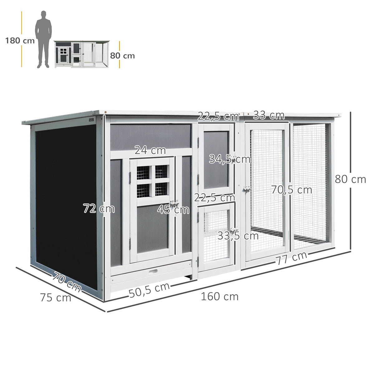 Chicken coop chicken house suitable for 1-2 chickens, with nesting box egg crate with 2 compartments, fir, gray + white, 160 x 75 x 80 cm