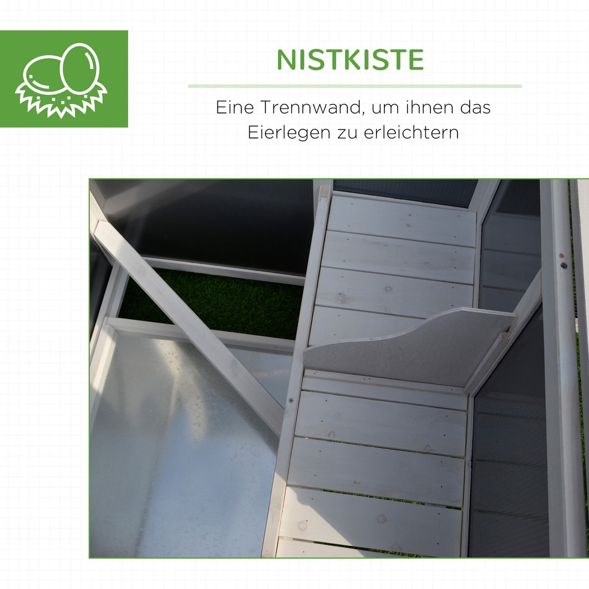 Chicken coop chicken house suitable for 1-2 chickens, with nesting box egg crate with 2 compartments, fir, gray + white, 160 x 75 x 80 cm