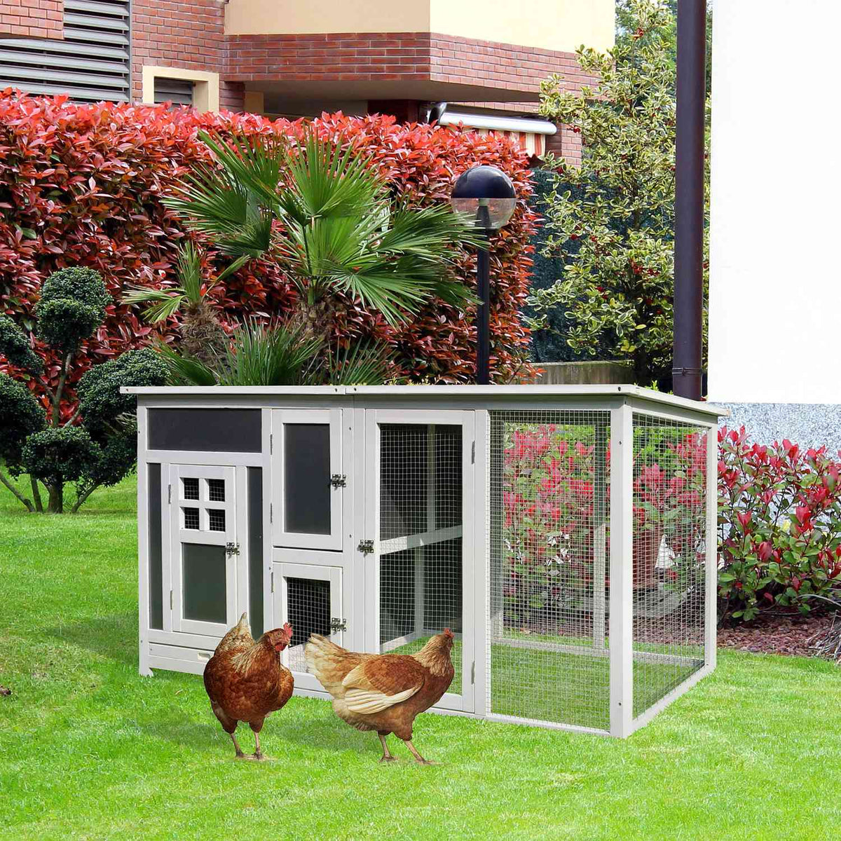 Chicken coop chicken house suitable for 1-2 chickens, with nesting box egg crate with 2 compartments, fir, gray + white, 160 x 75 x 80 cm
