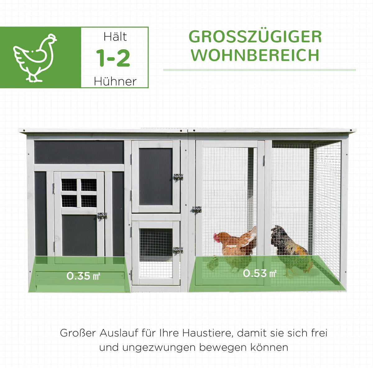 Chicken coop chicken house suitable for 1-2 chickens, with nesting box egg crate with 2 compartments, fir, gray + white, 160 x 75 x 80 cm