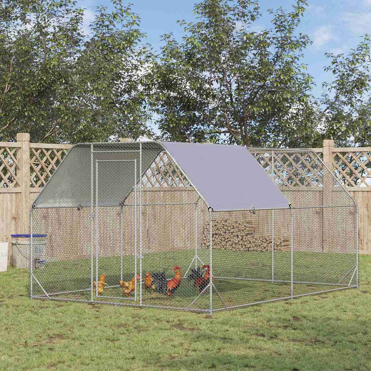 Chicken coop free-range enclosure large for 10-12 chickens with door & water-repellent sun protection roof, Oxford/silver 280x380x195cm