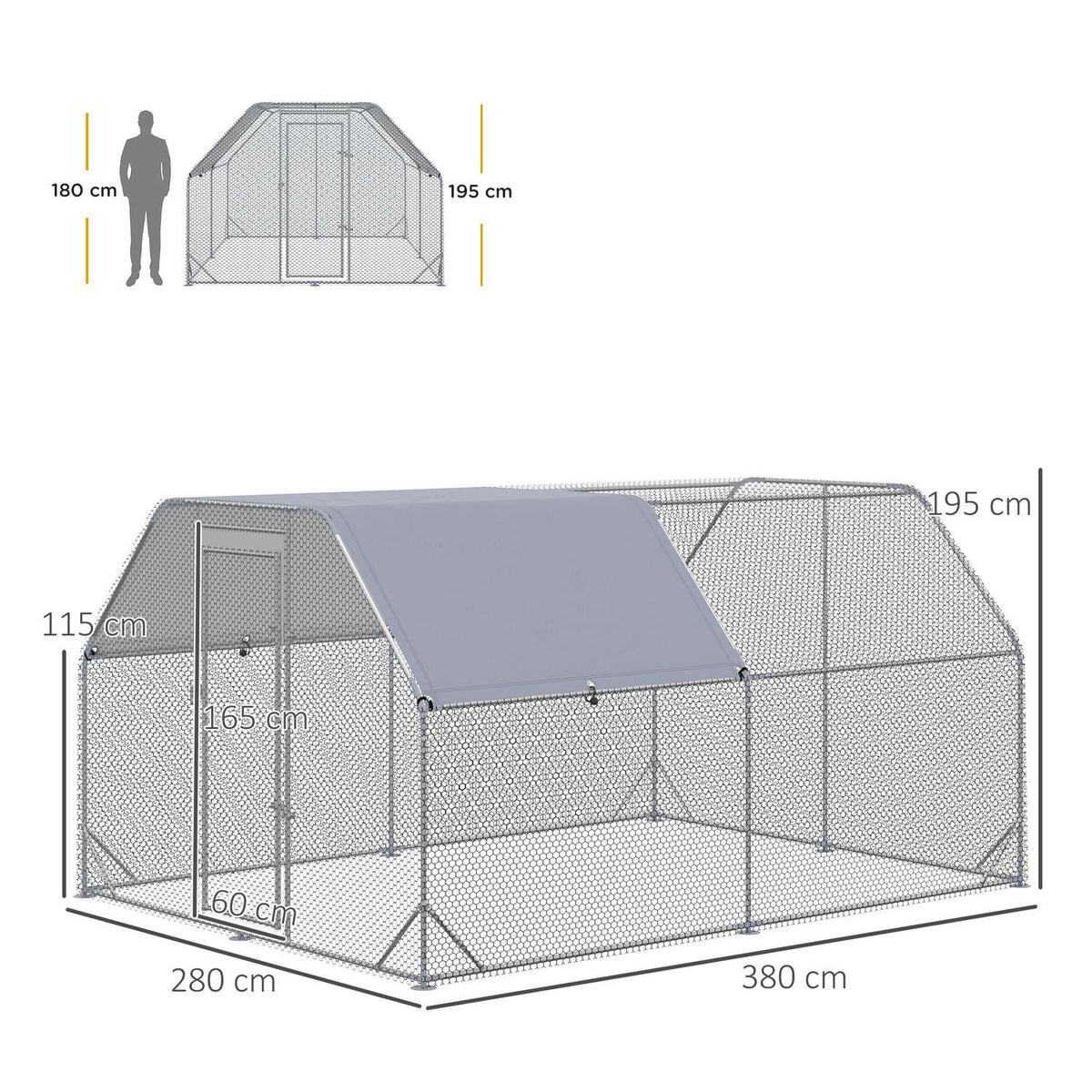 Chicken coop free-range enclosure large for 10-12 chickens with door & water-repellent sun protection roof, Oxford/silver 280x380x195cm