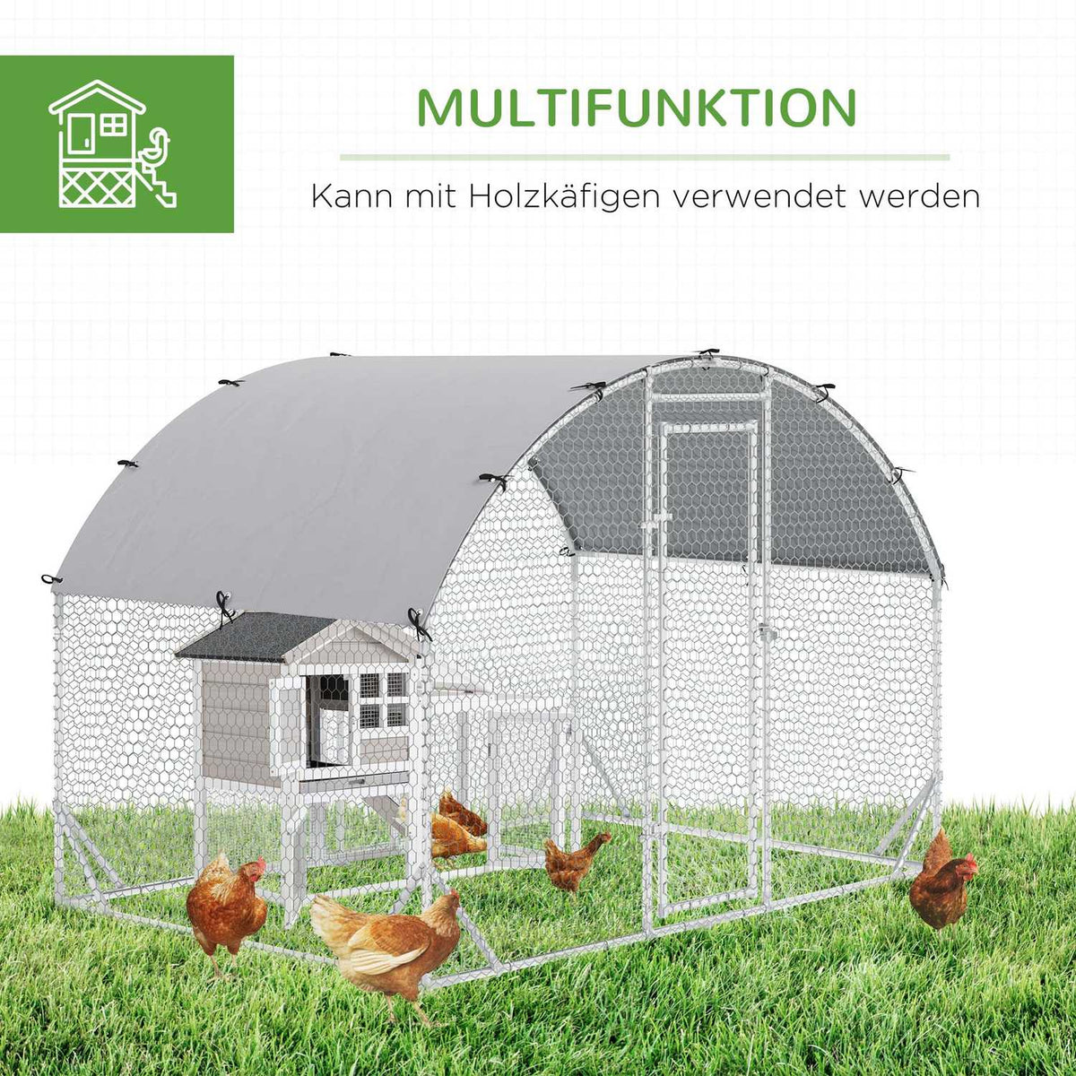 Chicken coop free-range enclosure made of steel, 280 x 190 x 197 cm chicken cage with UV-resistant cover, door, chicken enclosure for 4-6 chickens, small animals, silver
