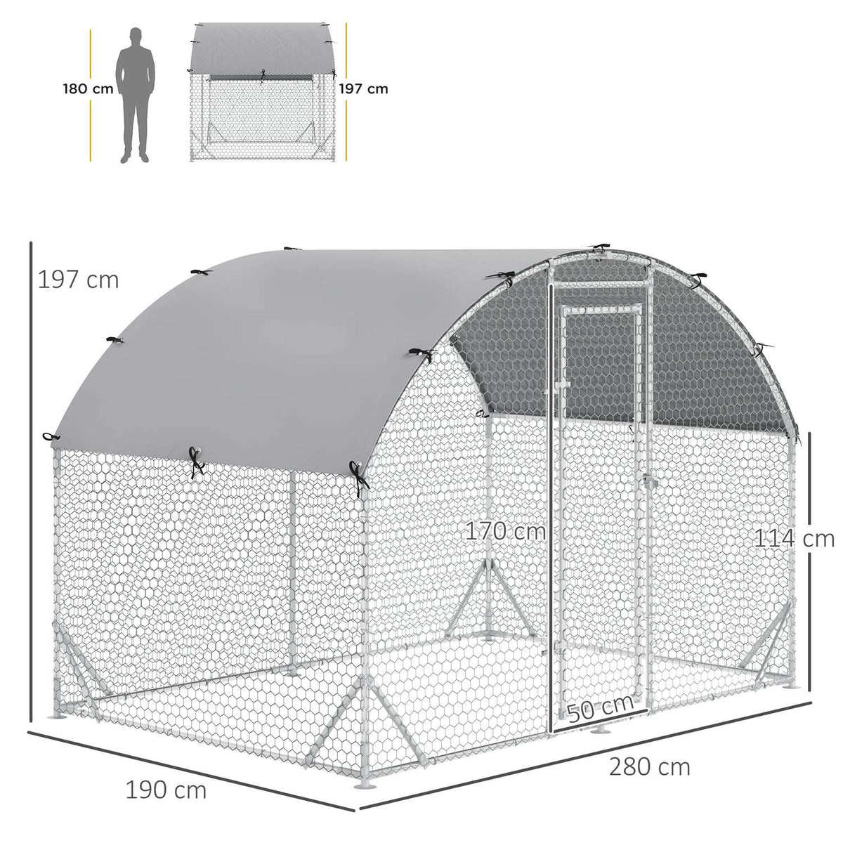 Chicken coop free-range enclosure made of steel, 280 x 190 x 197 cm chicken cage with UV-resistant cover, door, chicken enclosure for 4-6 chickens, small animals, silver