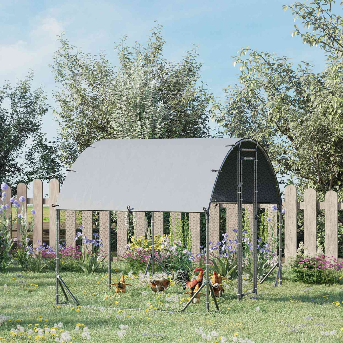 Chicken coop free-range enclosure made of steel, 280 x 190 x 197 cm chicken cage with UV-resistant cover, door, chicken enclosure for 4-6 chickens, small animals, silver