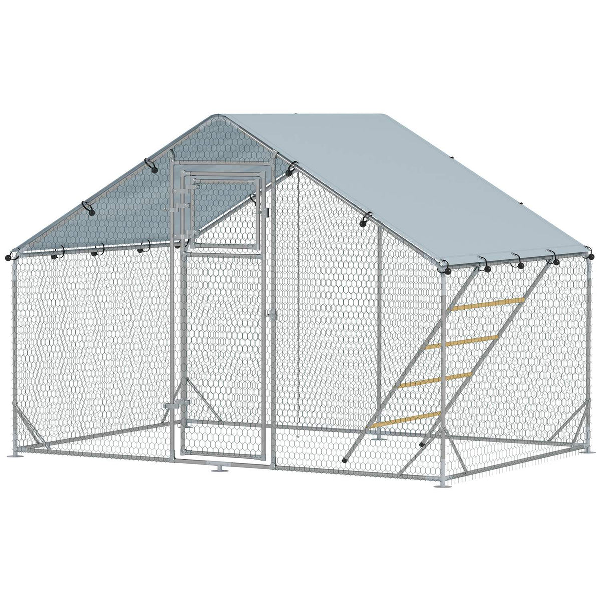 Chicken coop free-range enclosure made of steel, 300 x 200 x 195 cm chicken cage with UV-resistant cover, feeding door, hanging feeding, perch, chicken enclosure for 6-8 chickens, small animals, silver