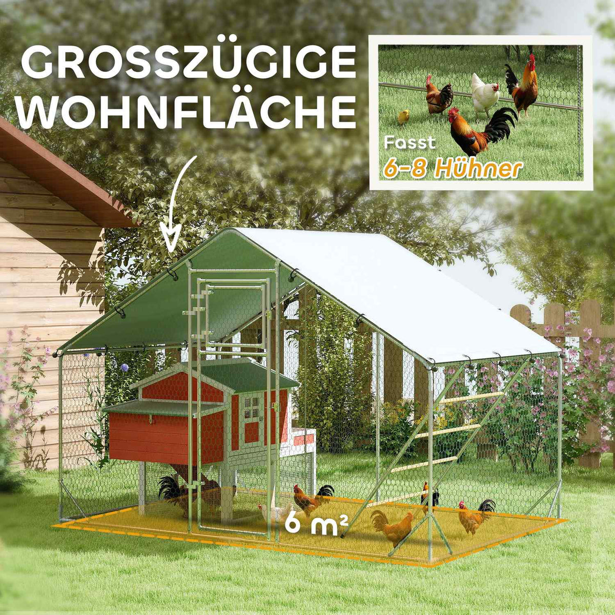 Chicken coop free-range enclosure made of steel, 300 x 200 x 195 cm chicken cage with UV-resistant cover, feeding door, hanging feeding, perch, chicken enclosure for 6-8 chickens, small animals, silver