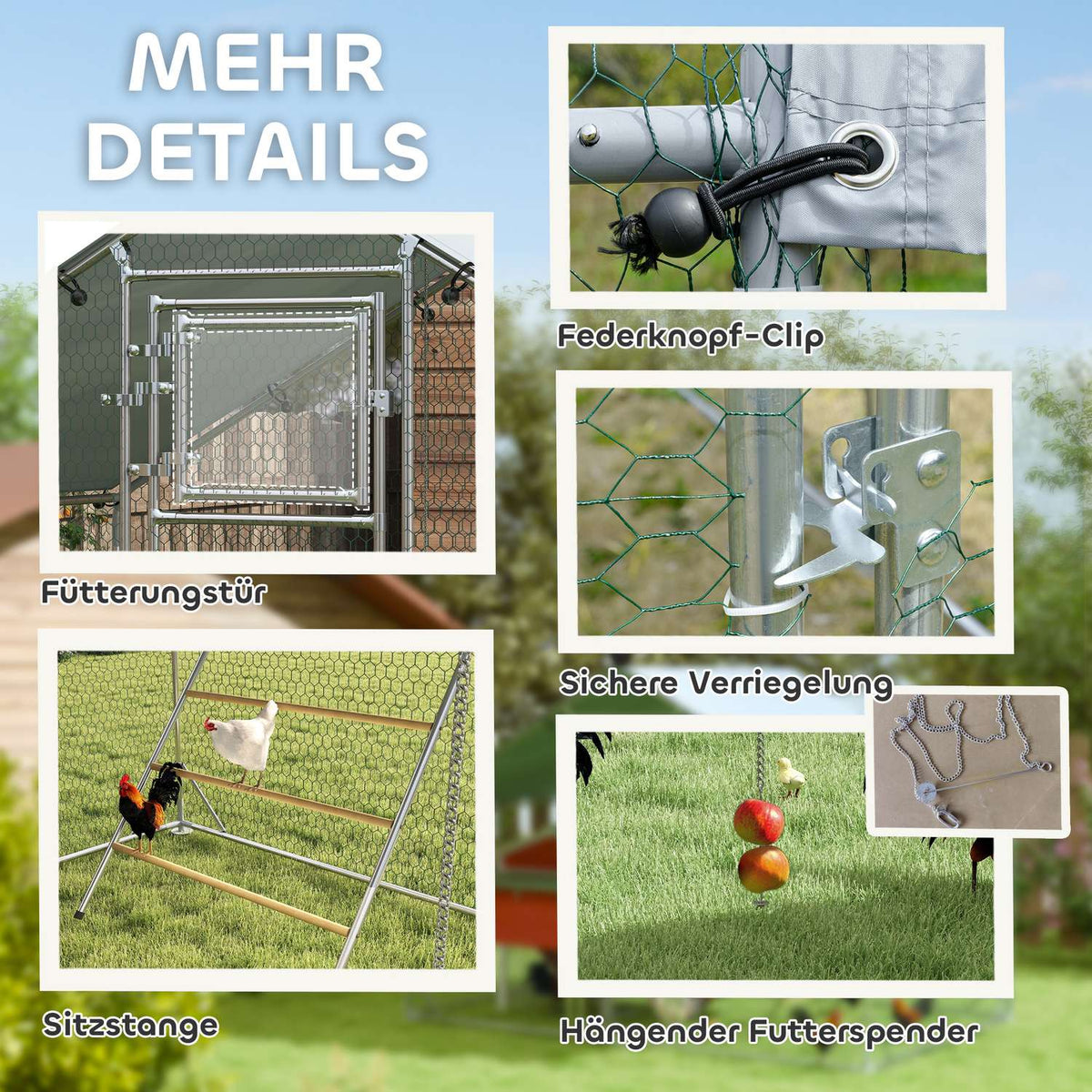 Chicken coop free-range enclosure made of steel, 300 x 200 x 195 cm chicken cage with UV-resistant cover, feeding door, hanging feeding, perch, chicken enclosure for 6-8 chickens, small animals, silver
