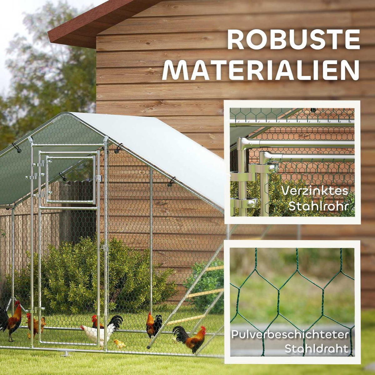 Chicken coop free-range enclosure made of steel, 300 x 200 x 195 cm chicken cage with UV-resistant cover, feeding door, hanging feeding, perch, chicken enclosure for 6-8 chickens, small animals, silver