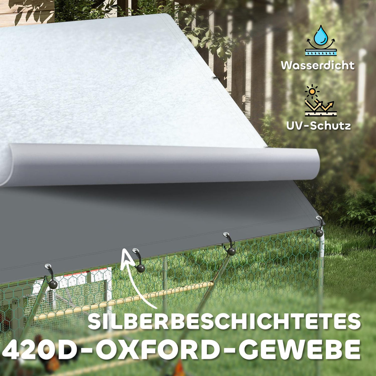 Chicken coop free-range enclosure made of steel, 300 x 200 x 195 cm chicken cage with UV-resistant cover, feeding door, hanging feeding, perch, chicken enclosure for 6-8 chickens, small animals, silver