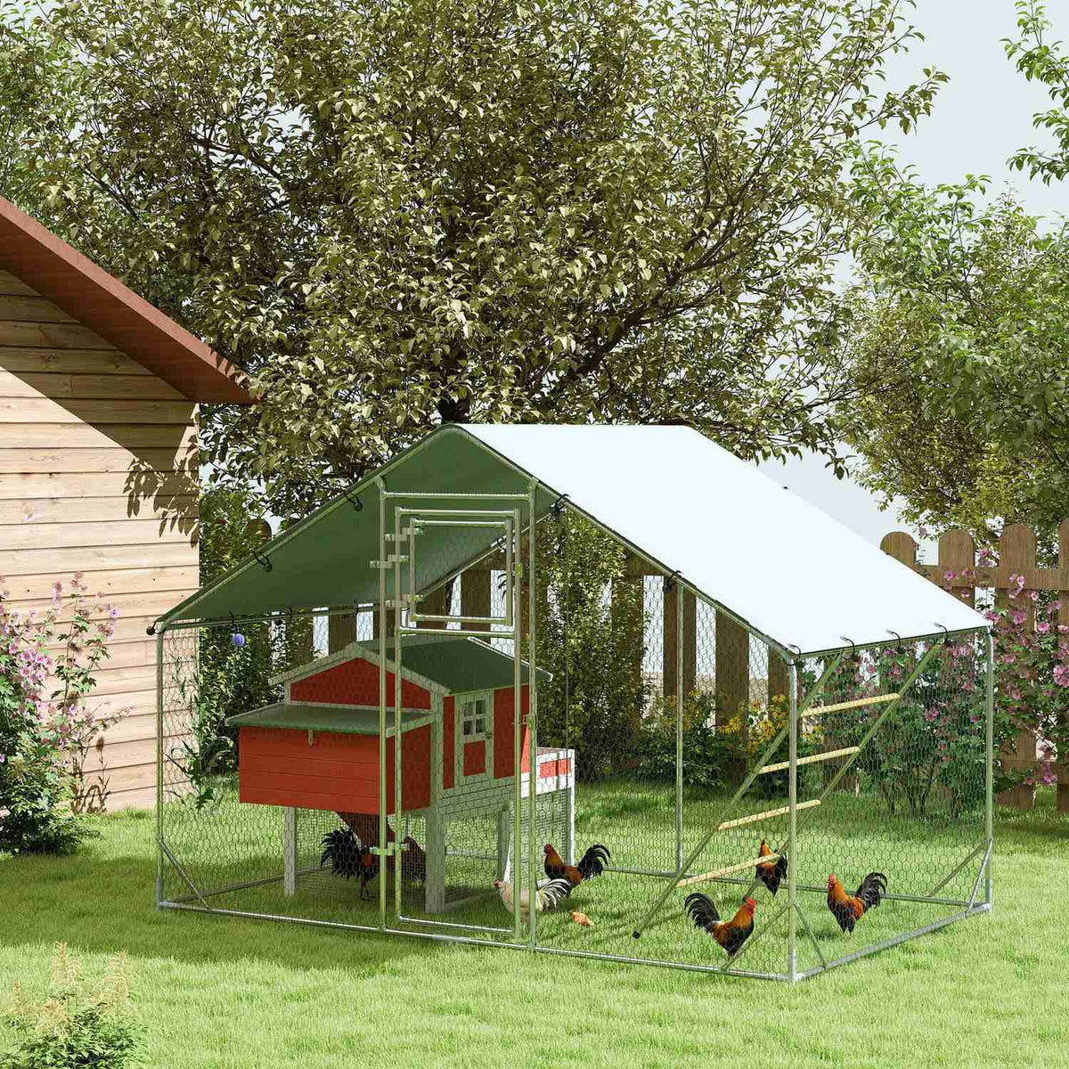 Chicken coop free-range enclosure made of steel, 300 x 200 x 195 cm chicken cage with UV-resistant cover, feeding door, hanging feeding, perch, chicken enclosure for 6-8 chickens, small animals, silver