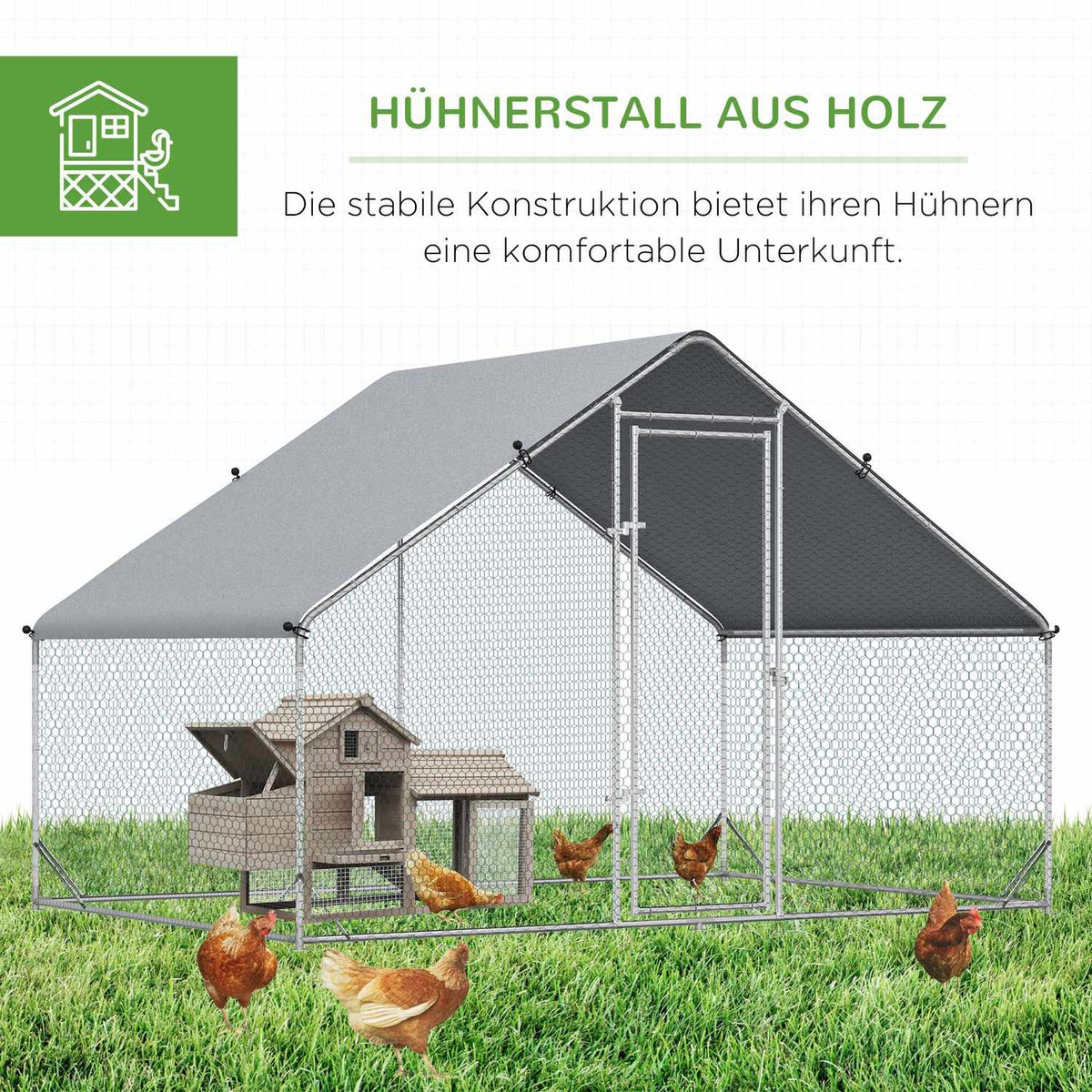 Chicken coop free-range enclosure made of steel, 300 x 200 x 200 cm chicken cage with cover, door, chicken enclosure for 4-6 chickens, small animals, silver
