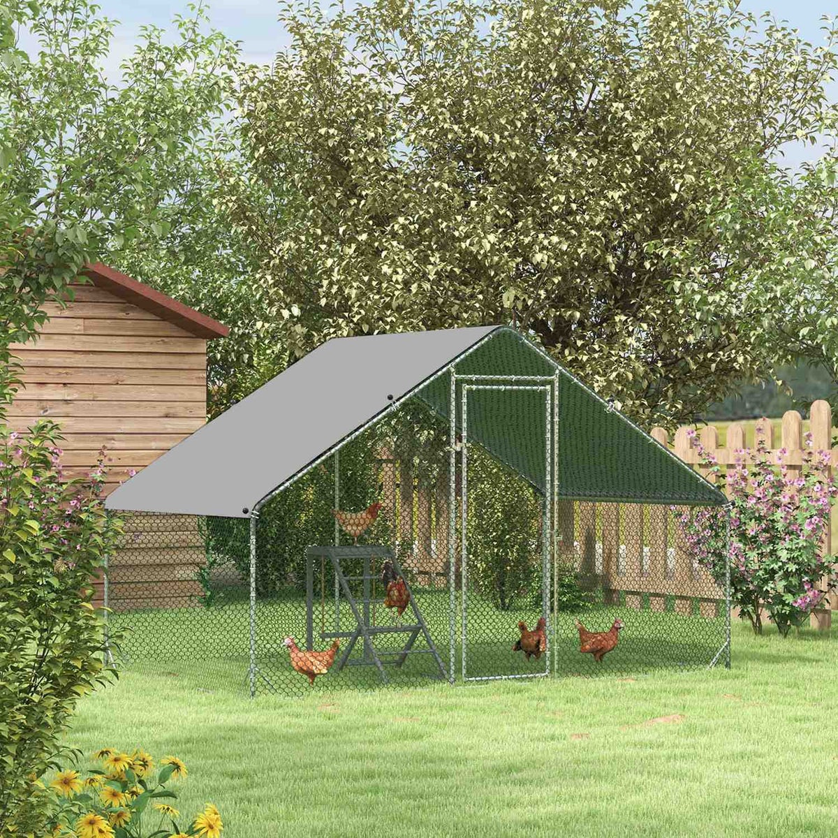Chicken coop free-range enclosure made of steel, 300 x 200 x 200 cm chicken cage with cover, door, chicken enclosure for 4-6 chickens, small animals, silver