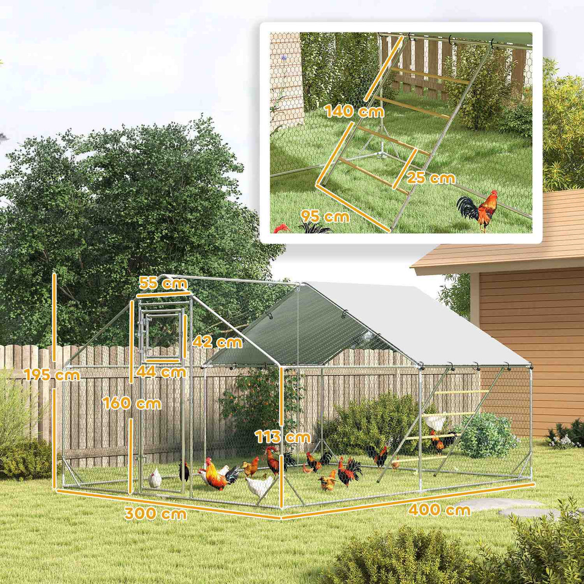 Chicken coop free-range enclosure made of steel, 300 x 400 x 195 cm chicken cage with UV-resistant cover, feeding door, hanging feeding, perch, chicken enclosure for 12-18 chickens, small animals, silver