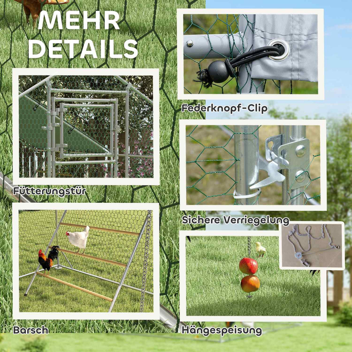 Chicken coop free-range enclosure made of steel, 300 x 400 x 195 cm chicken cage with UV-resistant cover, feeding door, hanging feeding, perch, chicken enclosure for 12-18 chickens, small animals, silver