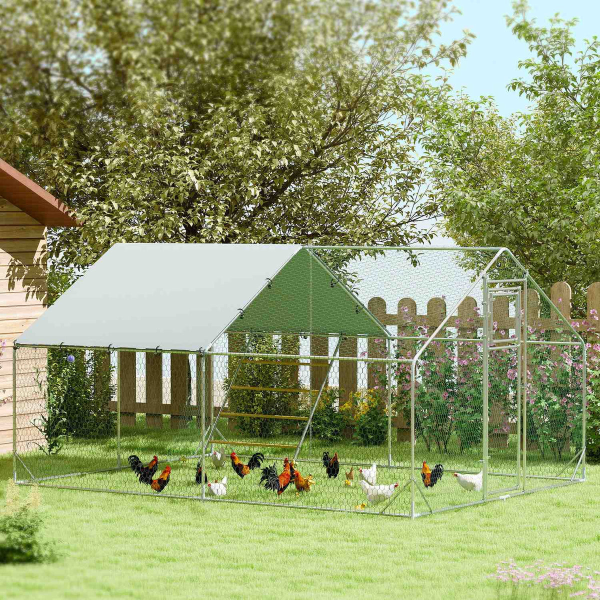 Chicken coop free-range enclosure made of steel, 300 x 400 x 195 cm chicken cage with UV-resistant cover, feeding door, hanging feeding, perch, chicken enclosure for 12-18 chickens, small animals, silver
