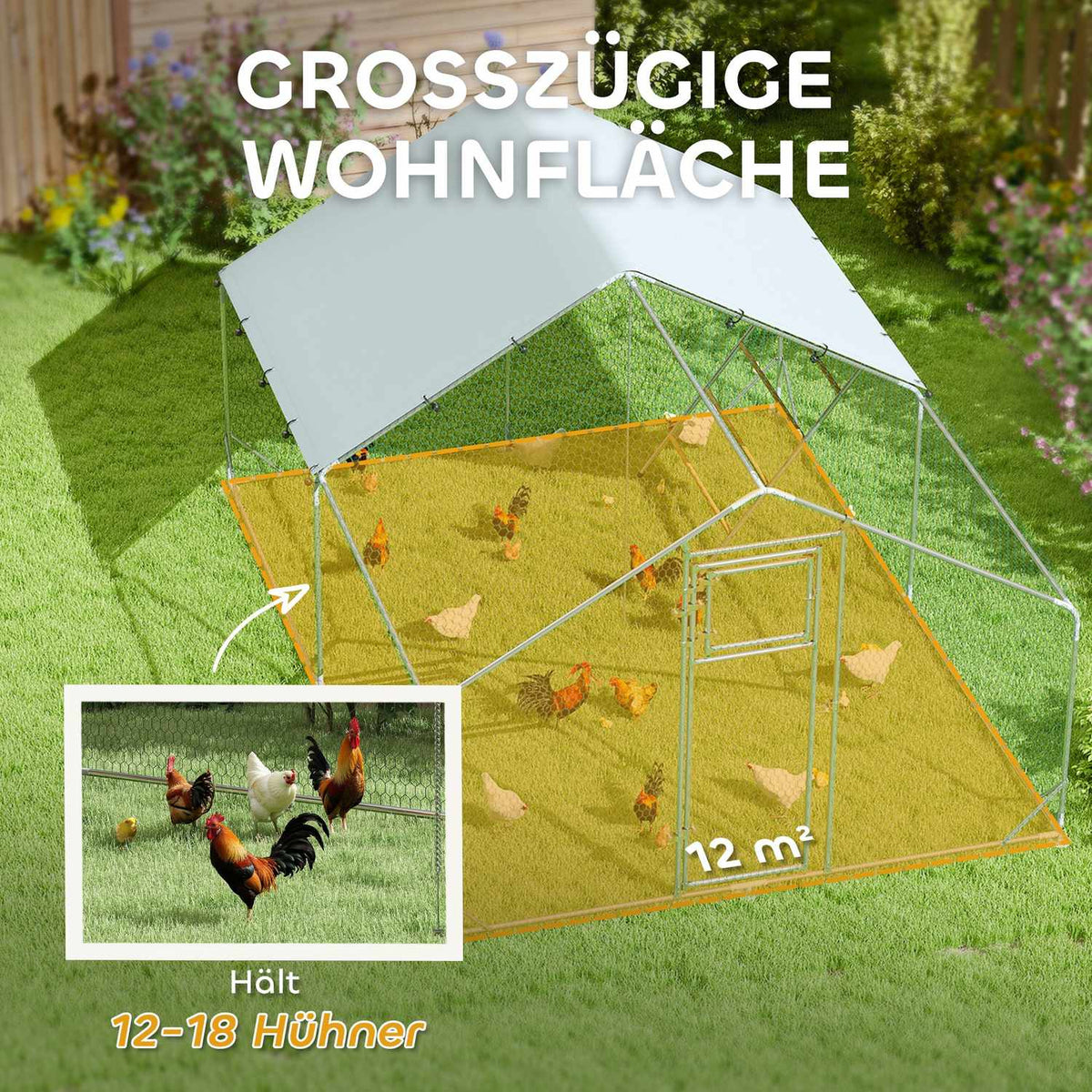 Chicken coop free-range enclosure made of steel, 300 x 400 x 195 cm chicken cage with UV-resistant cover, feeding door, hanging feeding, perch, chicken enclosure for 12-18 chickens, small animals, silver