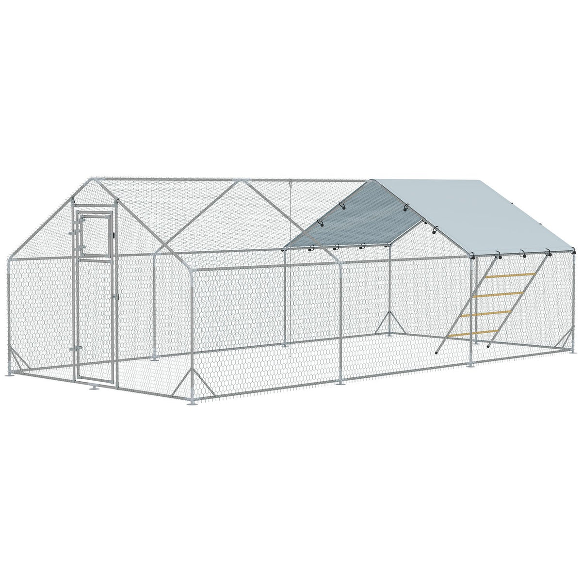 Chicken coop free-range enclosure made of steel, 300 x 600 x 195 cm chicken cage with UV-resistant cover, feeding door, hanging feeding, perch, chicken enclosure for 18-24 chickens, small animals, silver