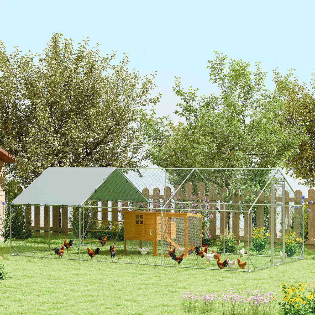 Chicken coop free-range enclosure made of steel, 300 x 600 x 195 cm chicken cage with UV-resistant cover, feeding door, hanging feeding, perch, chicken enclosure for 18-24 chickens, small animals, silver