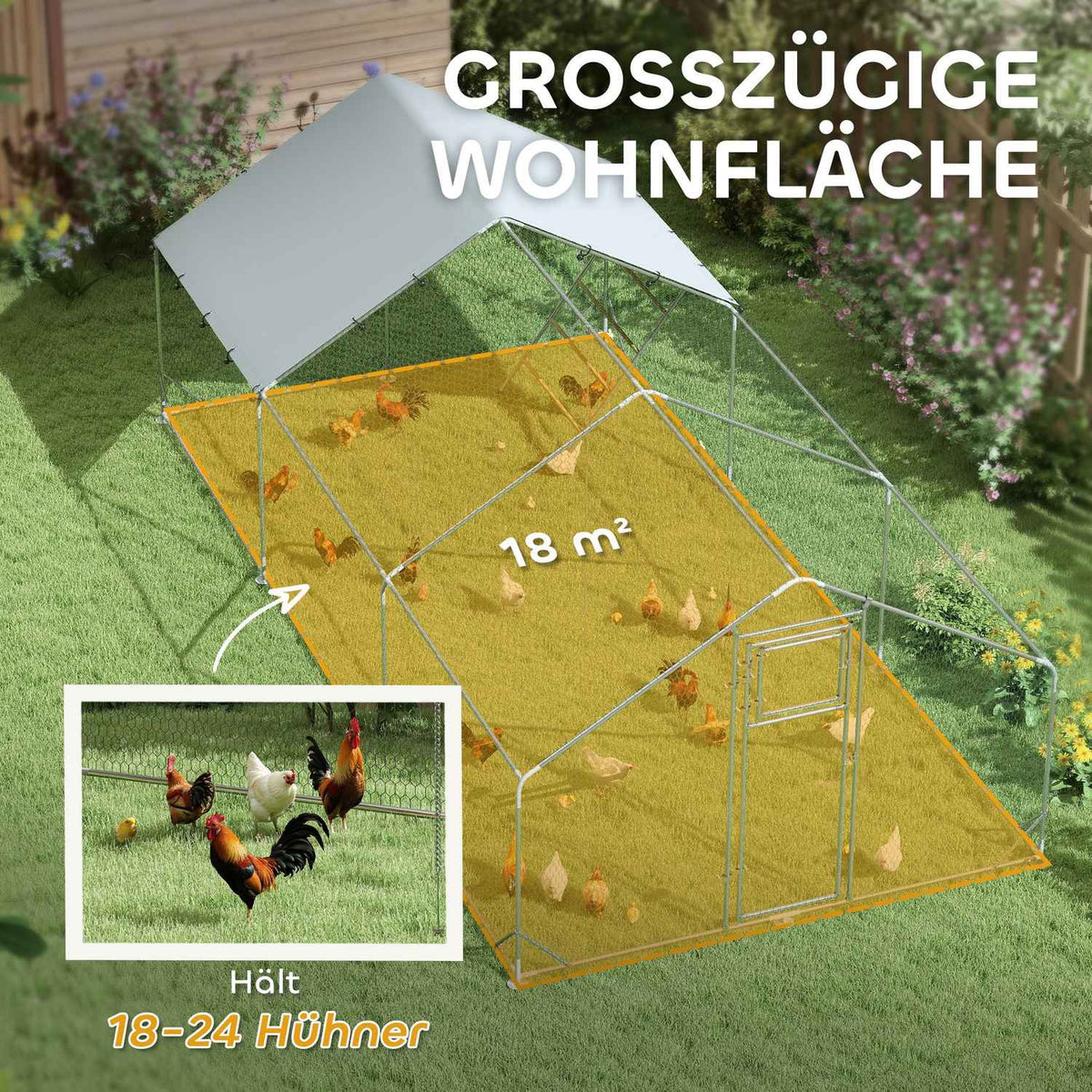 Chicken coop free-range enclosure made of steel, 300 x 600 x 195 cm chicken cage with UV-resistant cover, feeding door, hanging feeding, perch, chicken enclosure for 18-24 chickens, small animals, silver