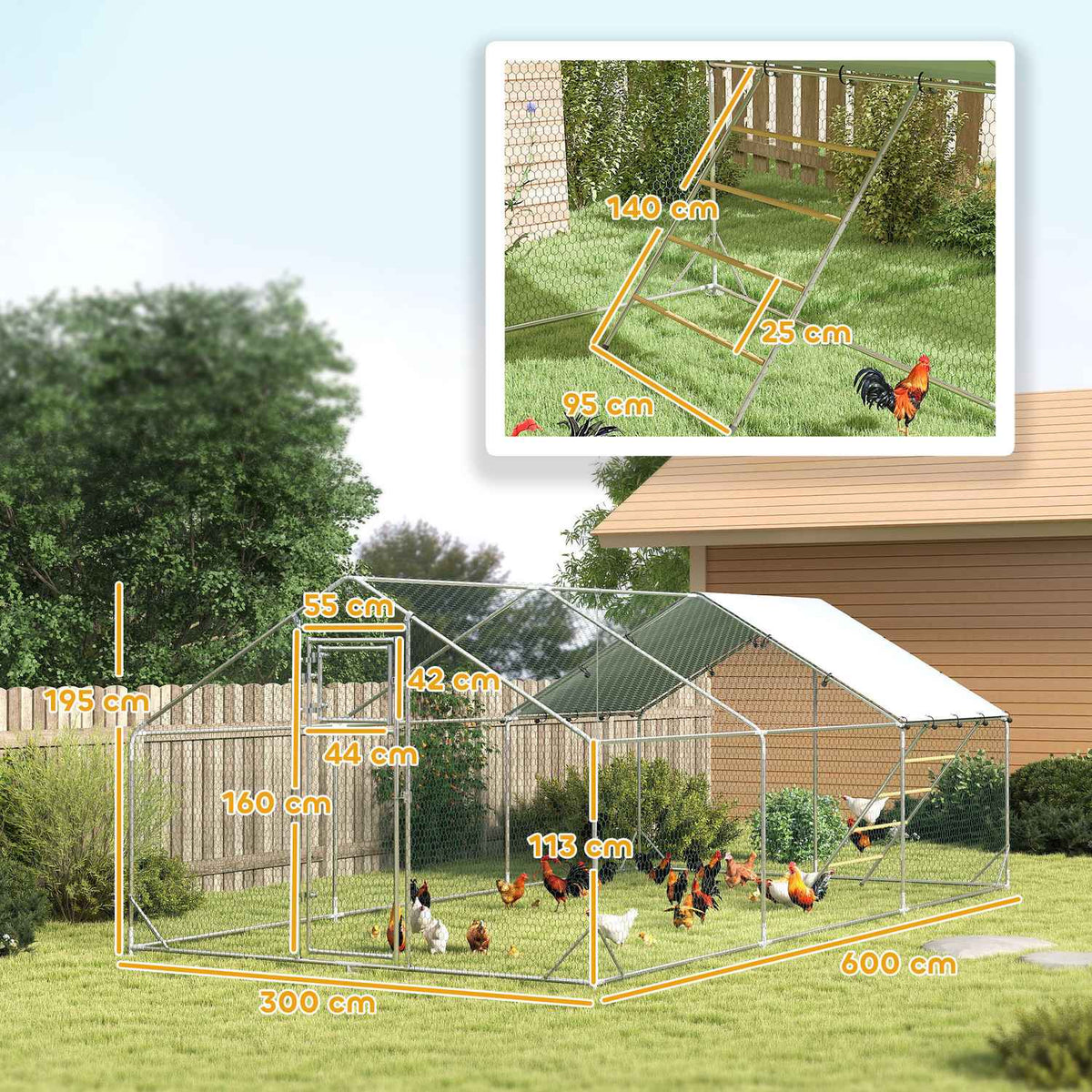 Chicken coop free-range enclosure made of steel, 300 x 600 x 195 cm chicken cage with UV-resistant cover, feeding door, hanging feeding, perch, chicken enclosure for 18-24 chickens, small animals, silver