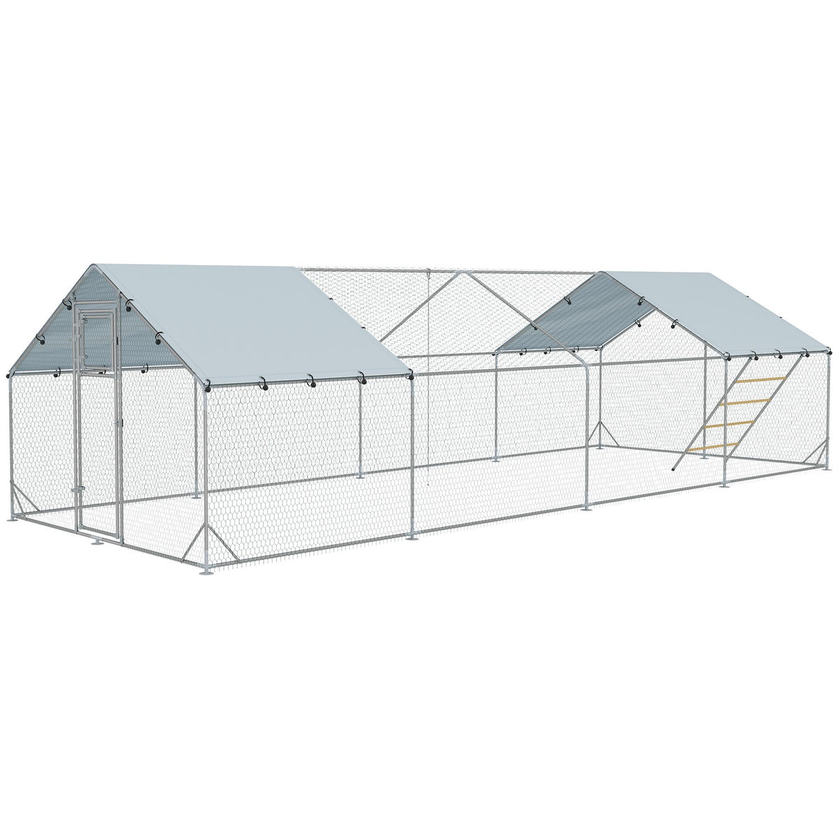 Chicken coop free-range enclosure made of steel, 300 x 800 x 195 cm chicken cage with UV-resistant cover, feeding door, hanging feeding, perch, chicken enclosure for 24-30 chickens, small animals, silver
