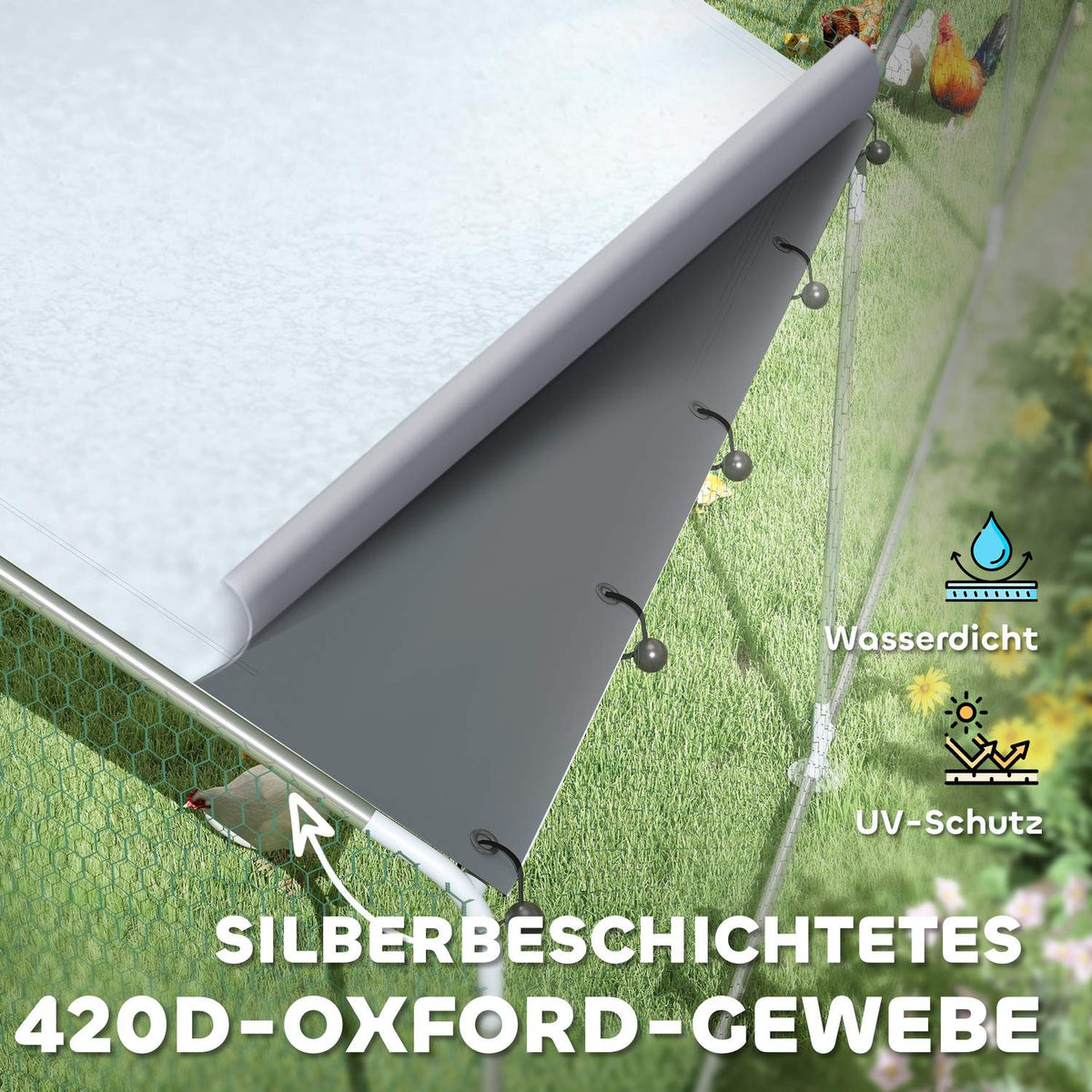 Chicken coop free-range enclosure made of steel, 300 x 800 x 195 cm chicken cage with UV-resistant cover, feeding door, hanging feeding, perch, chicken enclosure for 24-30 chickens, small animals, silver