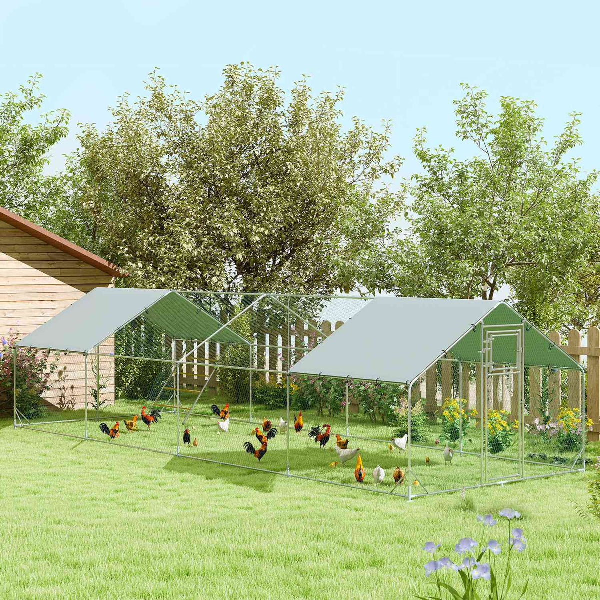 Chicken coop free-range enclosure made of steel, 300 x 800 x 195 cm chicken cage with UV-resistant cover, feeding door, hanging feeding, perch, chicken enclosure for 24-30 chickens, small animals, silver
