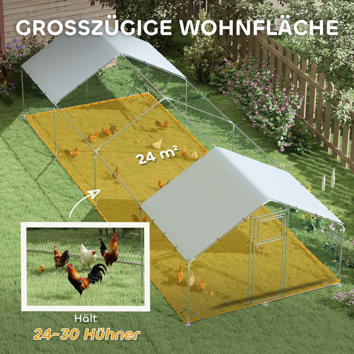 Chicken coop free-range enclosure made of steel, 300 x 800 x 195 cm chicken cage with UV-resistant cover, feeding door, hanging feeding, perch, chicken enclosure for 24-30 chickens, small animals, silver