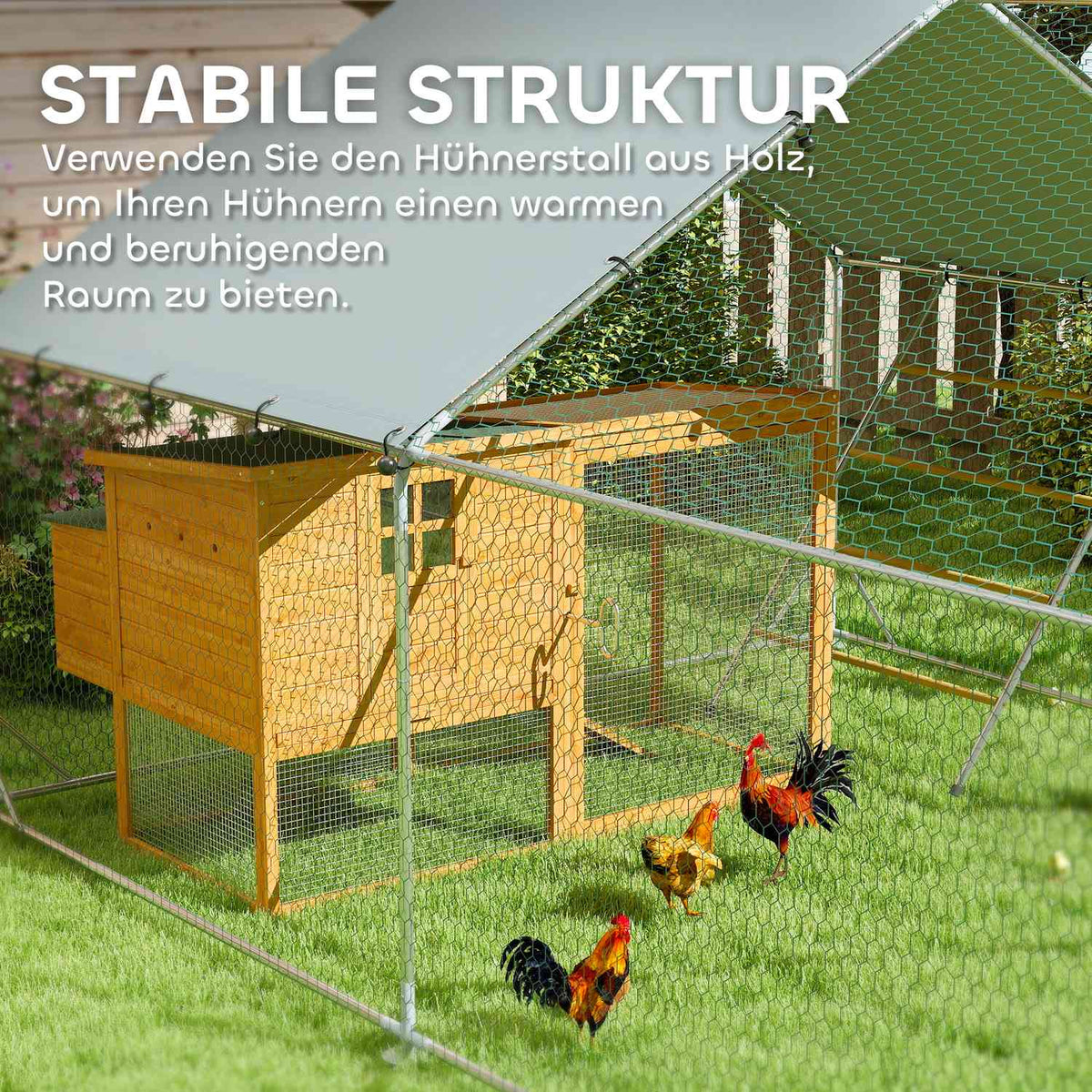 Chicken coop free-range enclosure made of steel, 300 x 800 x 195 cm chicken cage with UV-resistant cover, feeding door, hanging feeding, perch, chicken enclosure for 24-30 chickens, small animals, silver