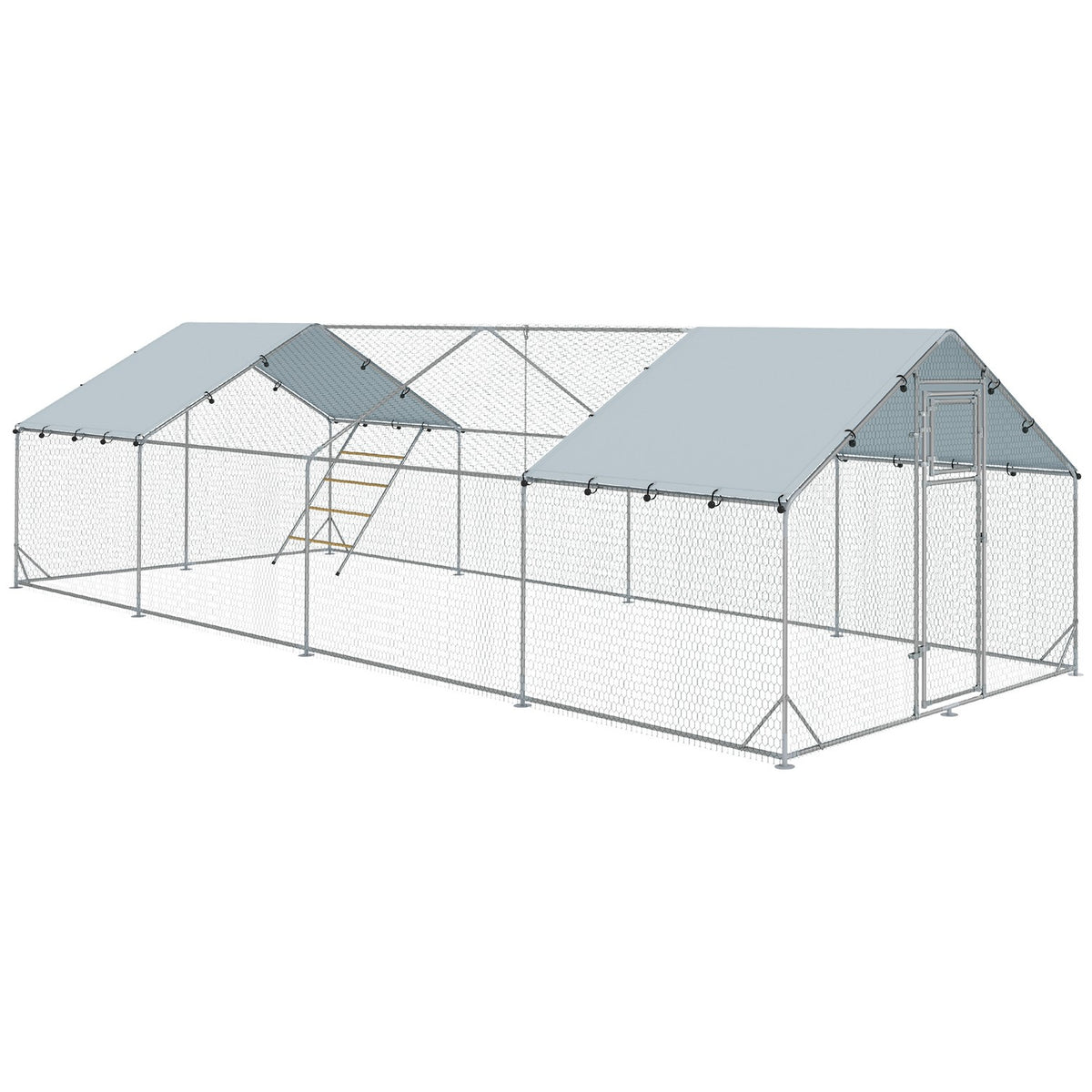 Chicken coop free-range enclosure made of steel, 300 x 800 x 195 cm chicken cage with UV-resistant cover, feeding door, hanging feeding, perch, chicken enclosure for 24-30 chickens, small animals, silver