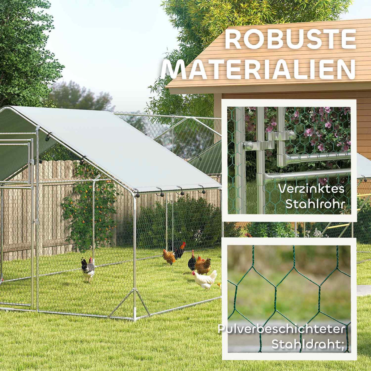 Chicken coop free-range enclosure made of steel, 300 x 800 x 195 cm chicken cage with UV-resistant cover, feeding door, hanging feeding, perch, chicken enclosure for 24-30 chickens, small animals, silver