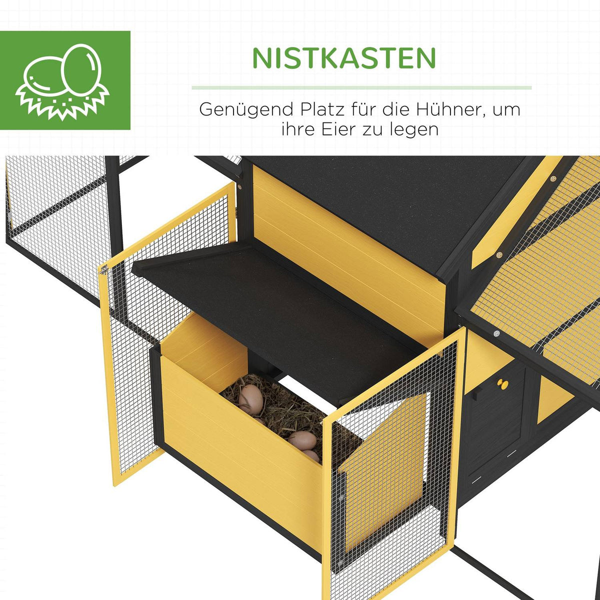 Chicken coop, small animal coop, 2 outdoor enclosures, 1 nesting box, 2 ramps, asphalt roof, weatherproof, yellow