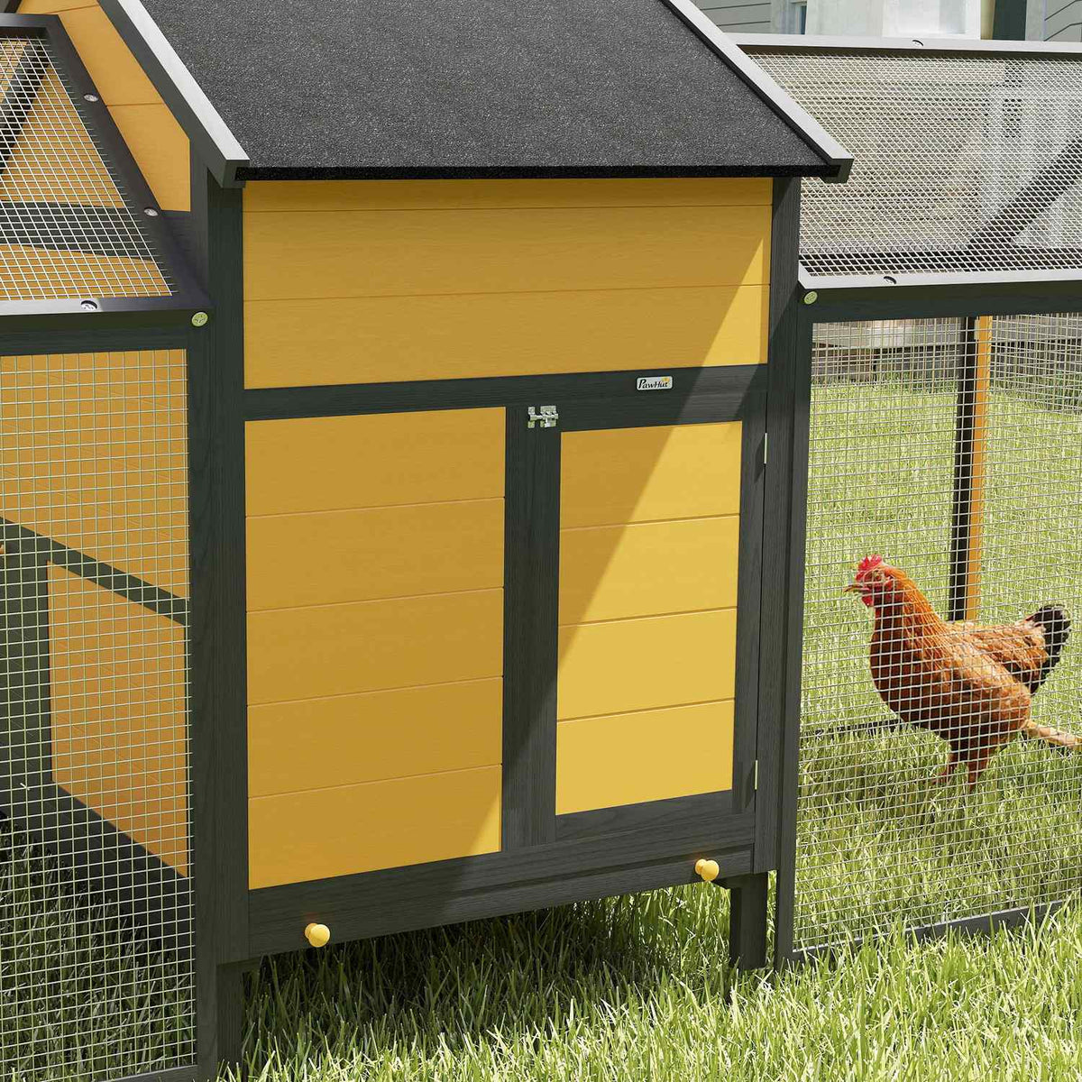 Chicken coop, small animal coop, 2 outdoor enclosures, 1 nesting box, 2 ramps, asphalt roof, weatherproof, yellow