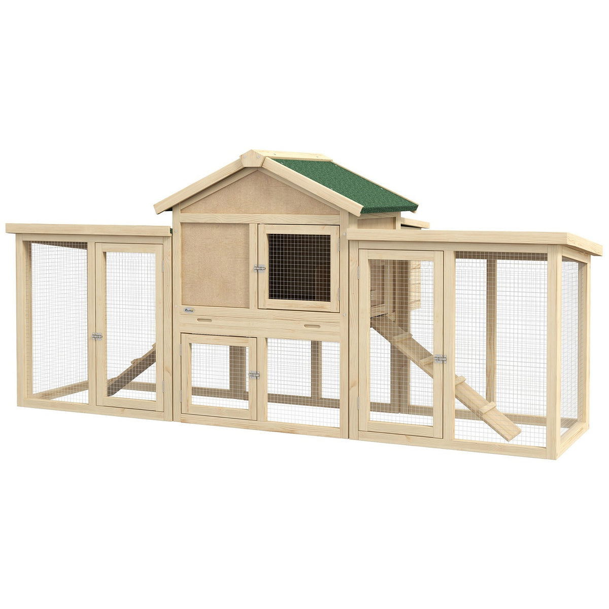 Chicken coop with outdoor enclosure, including nesting box, ramp and floor tray made of fir wood