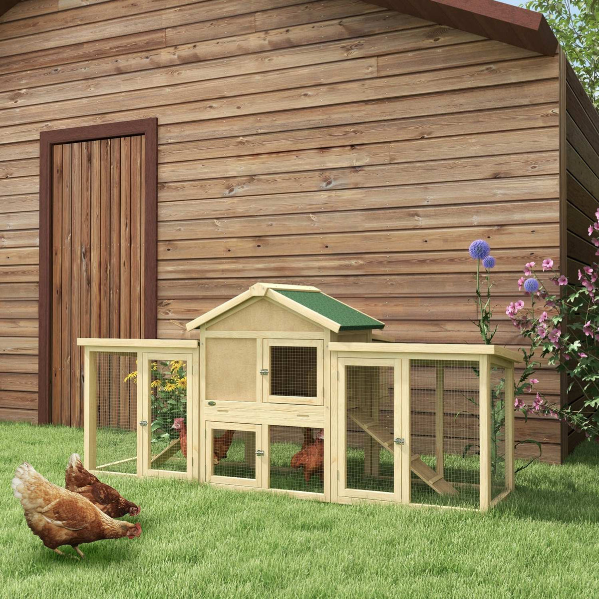 Chicken coop with outdoor enclosure, including nesting box, ramp and floor tray made of fir wood