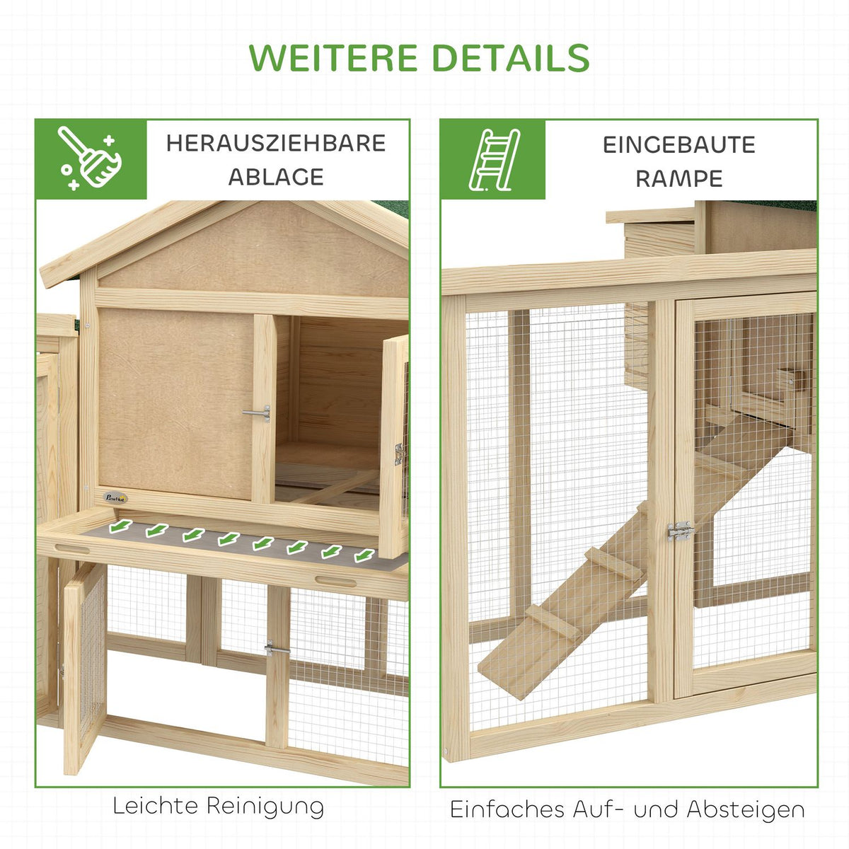 Chicken coop with outdoor enclosure, including nesting box, ramp and floor tray made of fir wood