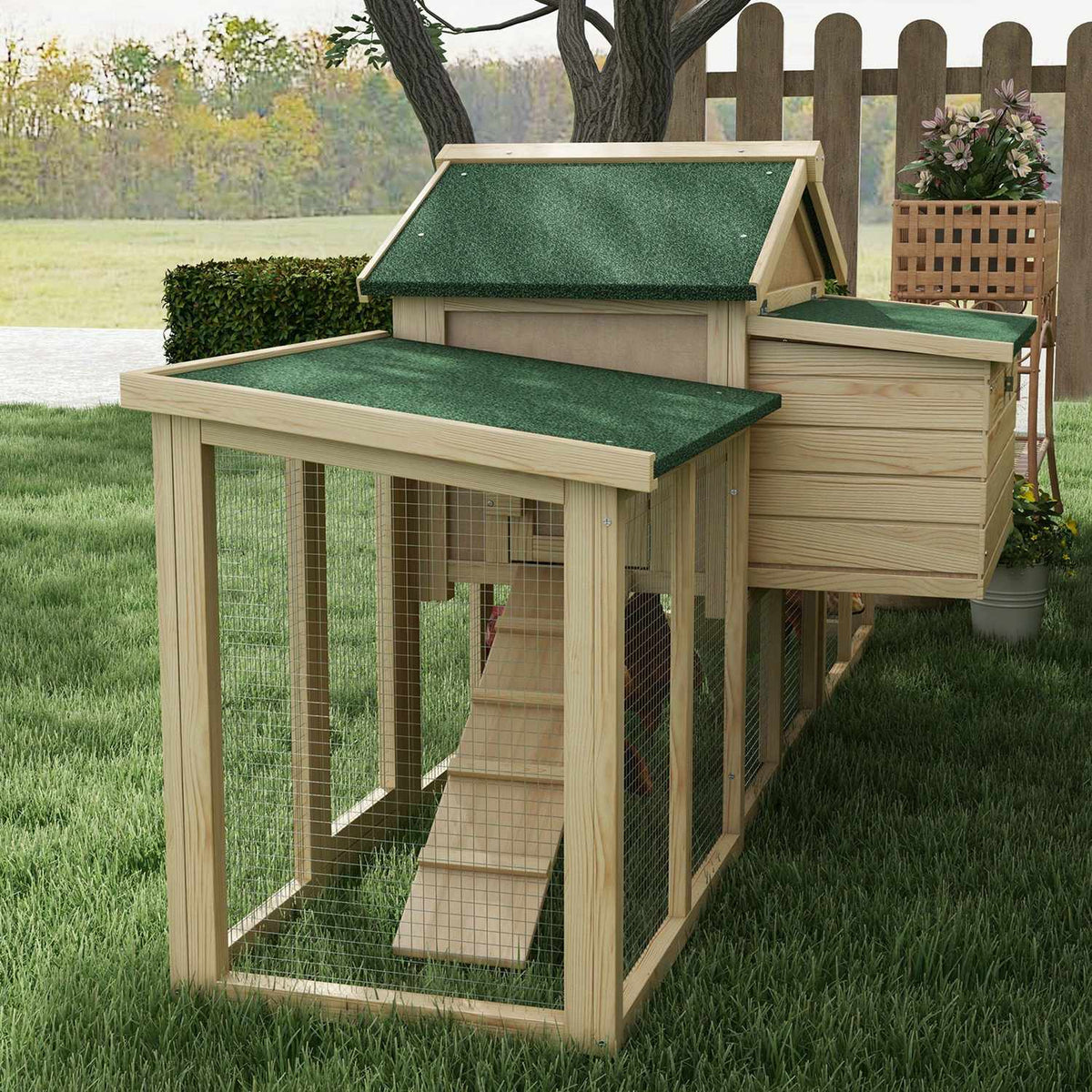 Chicken coop with outdoor enclosure, including nesting box, ramp and floor tray made of fir wood