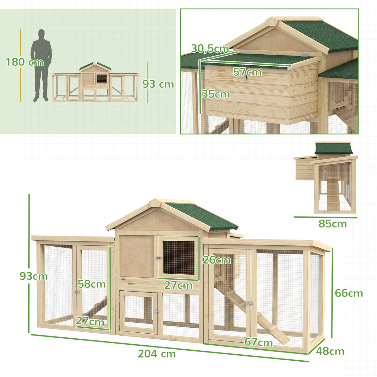 Chicken coop with outdoor enclosure, including nesting box, ramp and floor tray made of fir wood