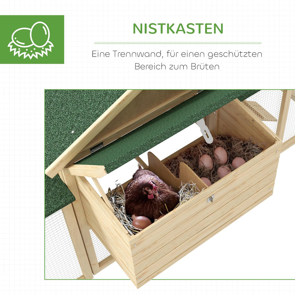 Chicken coop with outdoor enclosure, including nesting box, ramp and floor tray made of fir wood