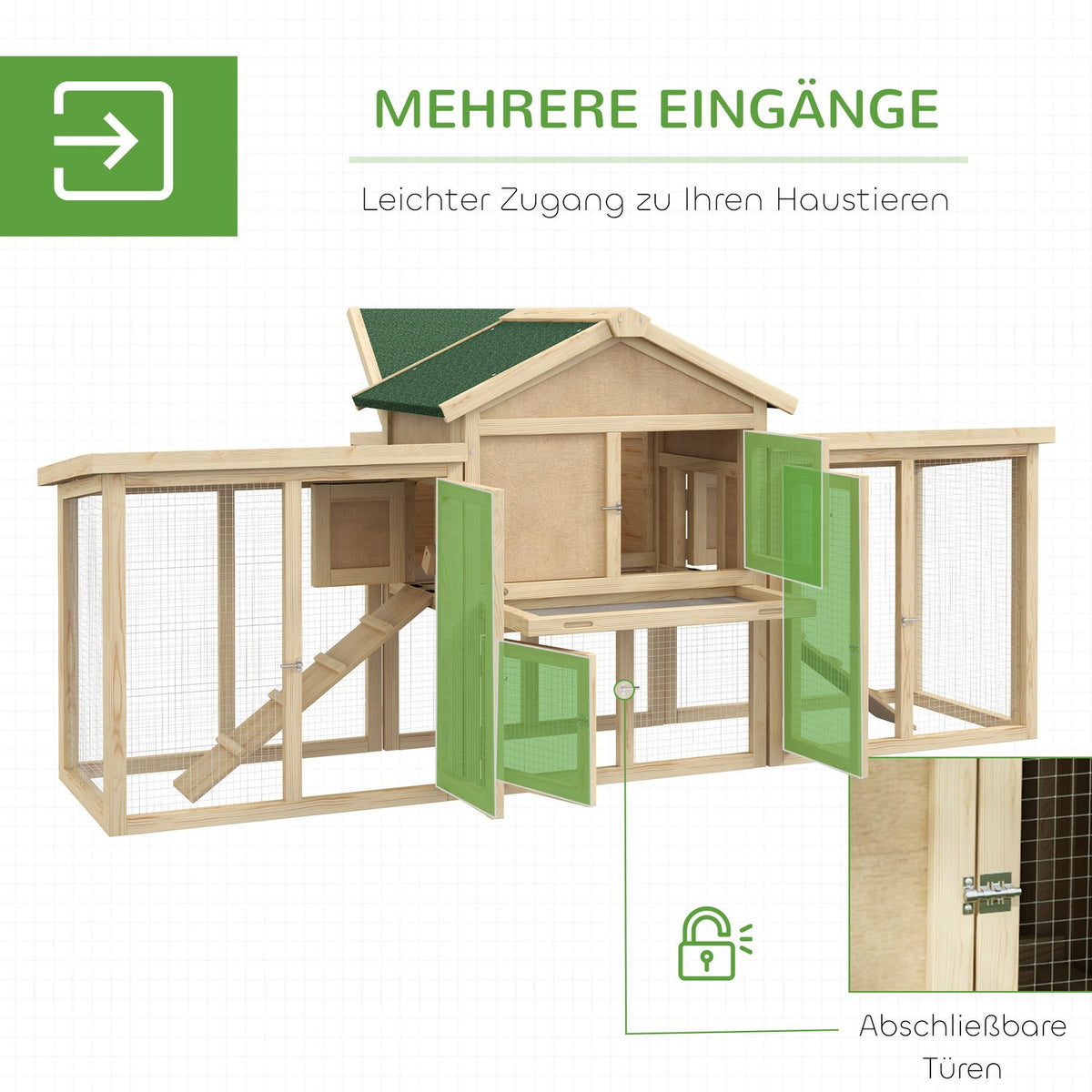 Chicken coop with outdoor enclosure, including nesting box, ramp and floor tray made of fir wood