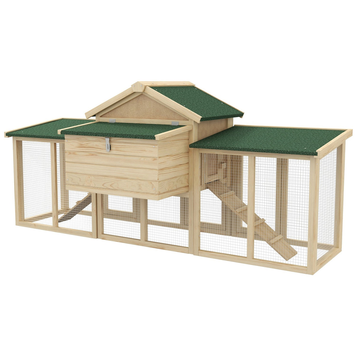 Chicken coop with outdoor enclosure, including nesting box, ramp and floor tray made of fir wood
