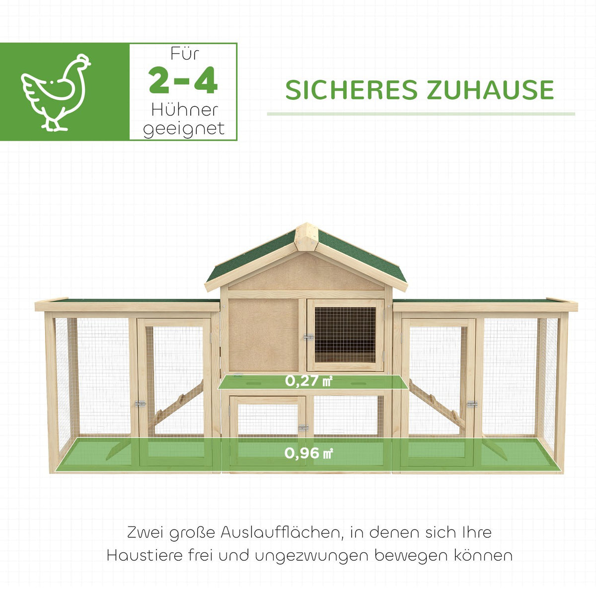 Chicken coop with outdoor enclosure, including nesting box, ramp and floor tray made of fir wood